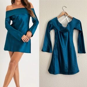 NWOT Luxurious Vision Teal Satin Off-the-Shoulder Mini Dress